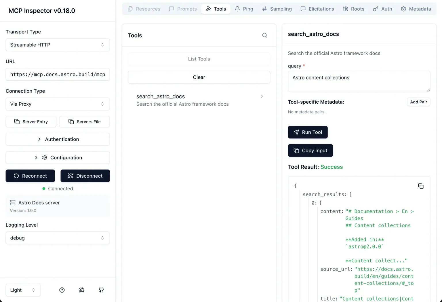A screenshot of the MCP Inspector connected to the Astro Docs MCP Server, showing the 'search_astro_docs' tool and documentation data for 'Astro content collections'.